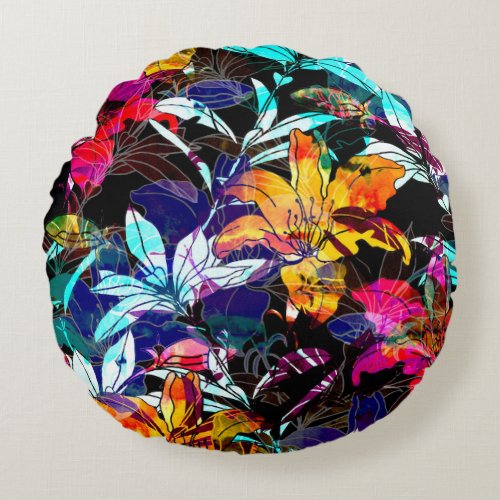 Nature Flowers Leaves Watercolor Background Round Pillow