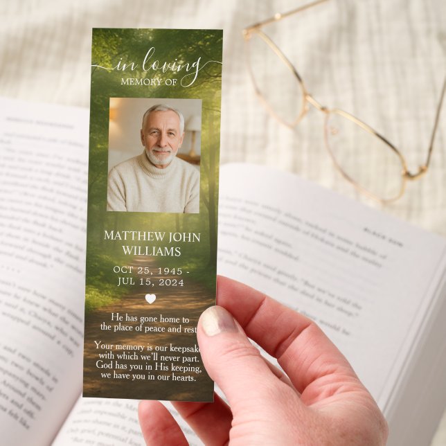 Nature Forest Male Photo Funeral Memorial Bookmark (Hand)