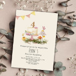 Nature Forest Mushrooms Cake Birthday Invitation<br><div class="desc">Illustration of birthday cake decorated with flowers sitting on pink cake stand on grass with two mushrooms,  wildflowers and butterflies.  Personalize the number on the cake.  Pink and yellow bunting at top left.</div>