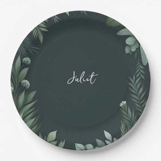 Nature Garden Plant Dark Green Bridal Shower Paper Plates (Front)