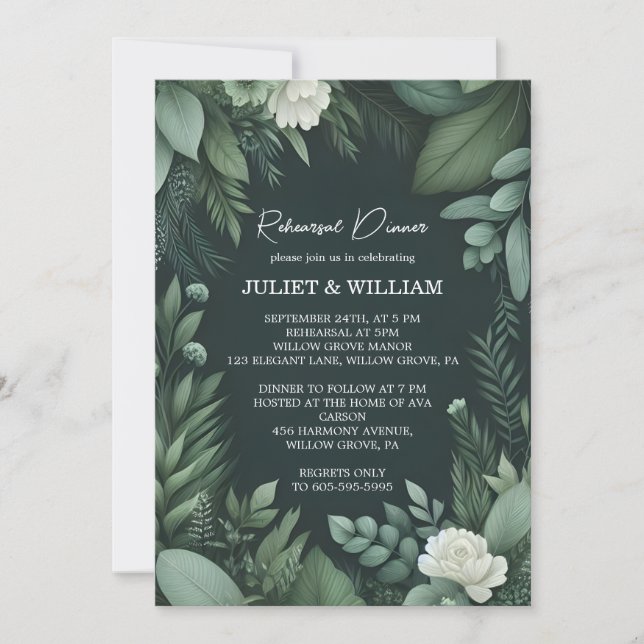 Nature Garden Plant Dark Green Rehearsal Dinner Invitation (Front)