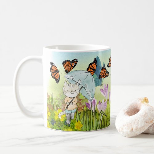 Nature Garden Umbrella Cat Butterfly Playful Coffee Mug