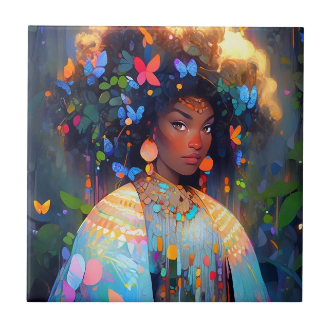Nature Goddess African American Fantasy Art Ceramic Tile (Front)