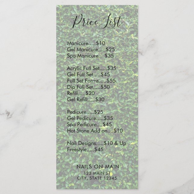 Nature Grass Nail Salon Price List Menu (Front)