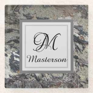 Nature Gray Brown Driftwood Photo Family Monogram Glass Coaster