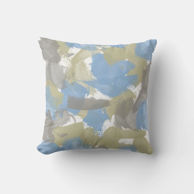 Nature Green, Blue, Gray Splash Paint Strokes Throw Pillow (Front)