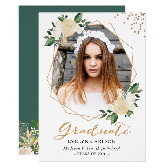Nature Green Gold Floral Photo Graduation Party Invitation