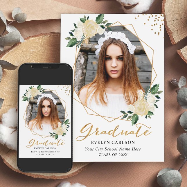 Nature Green Gold Floral Photo Graduation Party Invitation (Creator Uploaded)