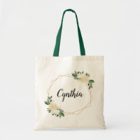Nature Green Ivory Gold Watercolor Floral Tote Bag