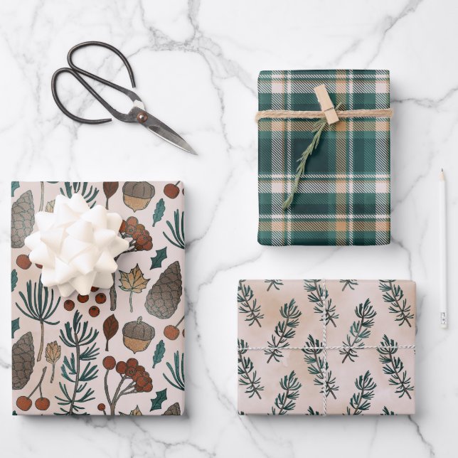 Nature & Green Plaid Holiday Wrapping Paper Sheets (Front)