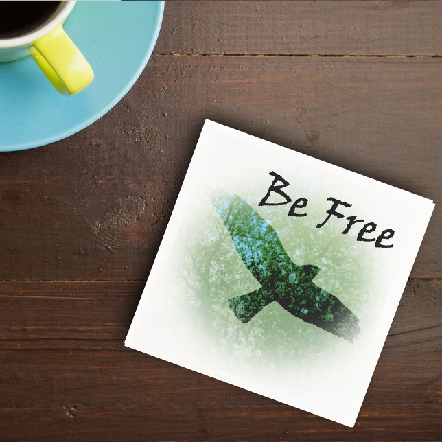 Nature Green Trees Bird Soaring Crow Be Free Paper Napkins (Transparent flying black crow in green tree tops with Be free text on napkin.)