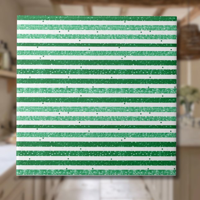 Nature Green White Horizontal Glitter Stripes Ceramic Tile (Creator Uploaded)