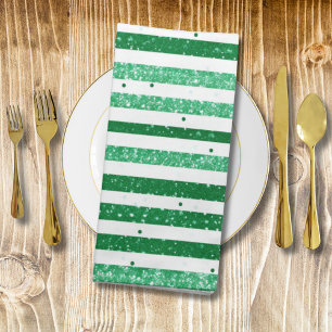 Nature Green White Horizontal Glitter Stripes Cloth Napkin