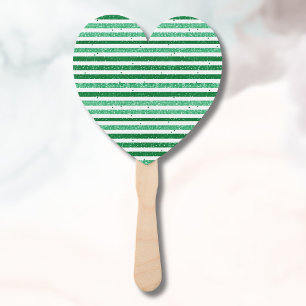 Nature Green White Horizontal Glitter Stripes Hand Fan