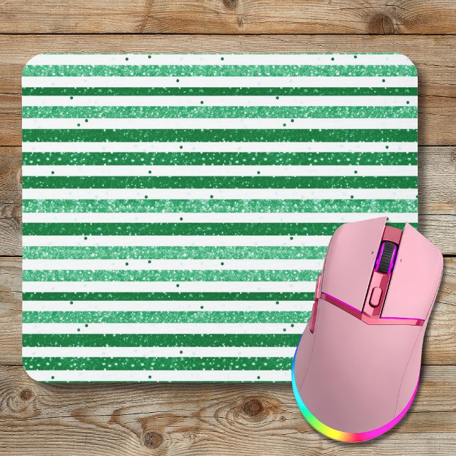 Nature Green White Horizontal Glitter Stripes Mouse Pad (Creator Uploaded)