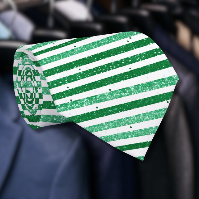 Nature Green White Horizontal Glitter Stripes Neck Tie (Creator Uploaded)