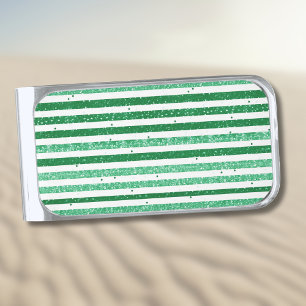 Nature Green White Horizontal Glitter Stripes Silver Finish Money Clip