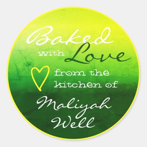 Nature Green Yellow Marble Baked with Love Heart Classic Round Sticker