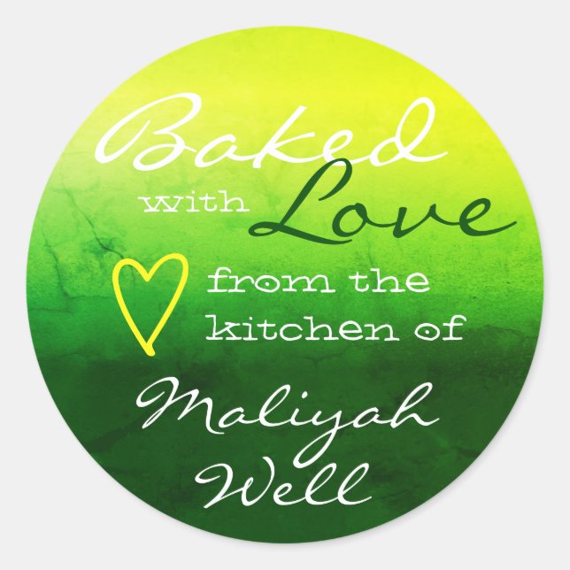 Nature Green Yellow Marble Baked with Love Heart Classic Round Sticker (Front)