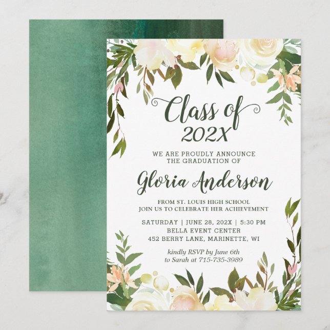 Nature Greenery Floral Class of 2022 Graduation Invitation (Front/Back)