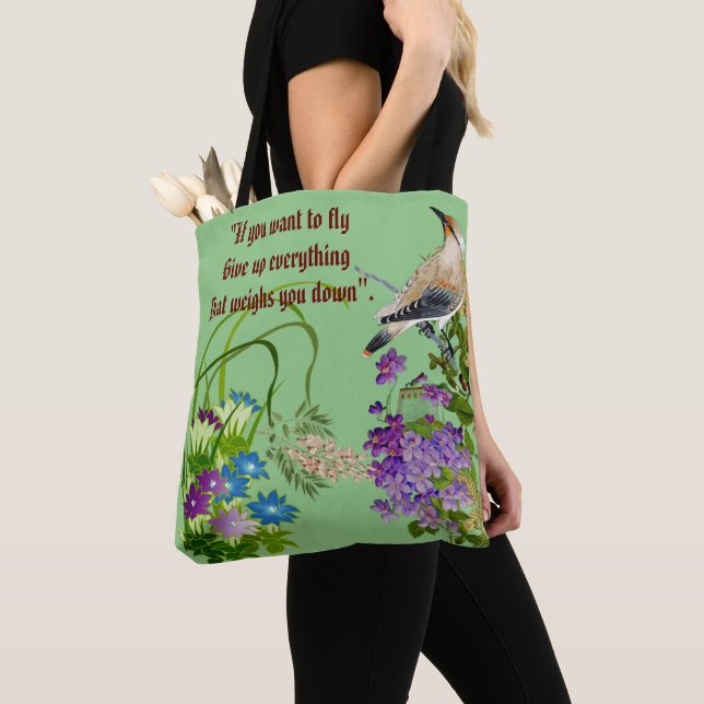 Nature Greenery Watercolor Floral Bird Monogram  Tote Bag (Close Up)