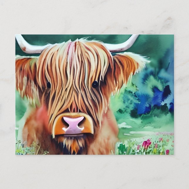 Nature Highland Cow watercolor Postcard (Front)
