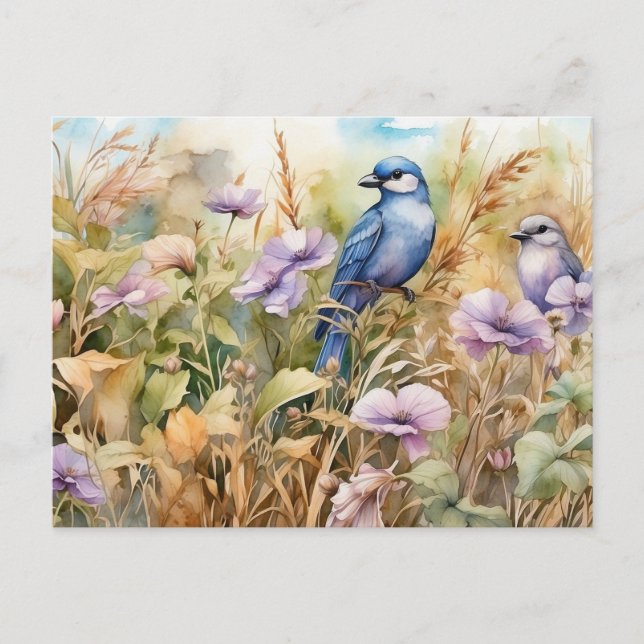 Nature Illustration with Birds and Wildflowers Postcard (Front)
