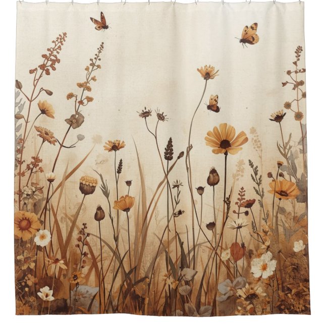 Nature Inspired Brown Rust Orange Wildflowers  Shower Curtain (Front)