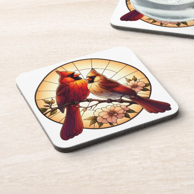 Nature-Inspired Cardinal Pair Stained Glass Art Beverage Coaster (Left Side)