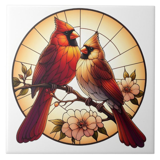Nature-Inspired Cardinal Pair Stained Glass Art Ceramic Tile (Front)