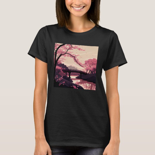 Nature Inspired Cherry Blossom River and Bridge T-Shirt (Front)