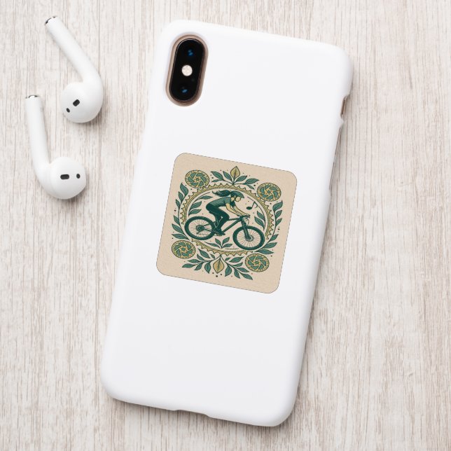 Nature-Inspired Female Cyclist Art – Boho Biking Patch (On Phone Back)