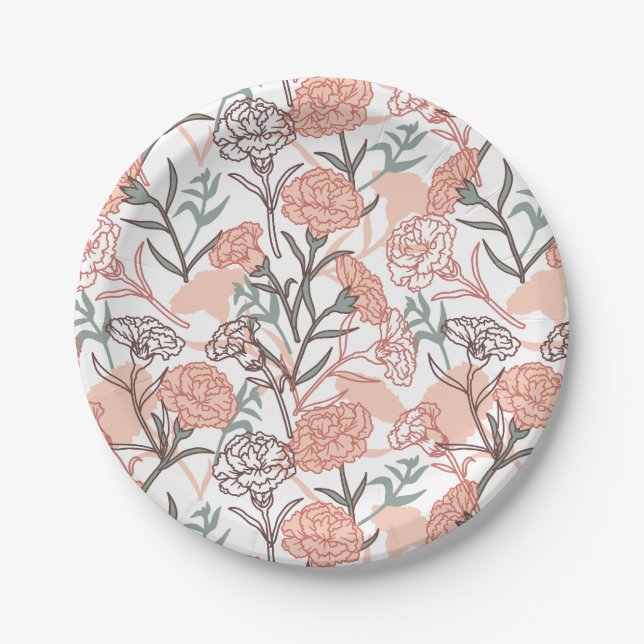 Nature Inspired Floral: Carnation Flower Pattern Paper Plates (Front)