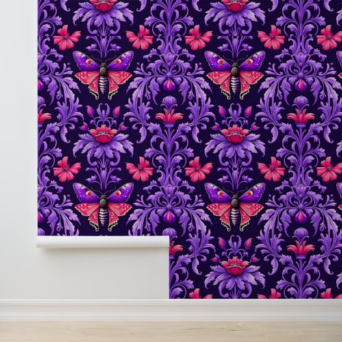 Nature Inspired Floral Damask Pattern with Moths Wallpaper