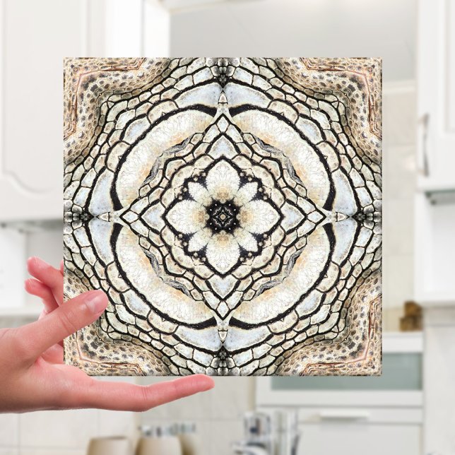 Nature Inspired Geometric Abstract Ceramic Tile (Abstract Roman inspired Italian geometric tile in ivory and earth tones - Mediterranean)