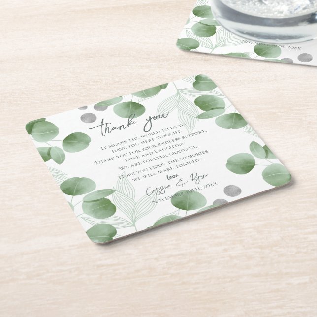 Nature Inspired Greenery Wedding Thank you Message Square Paper Coaster (Angled)
