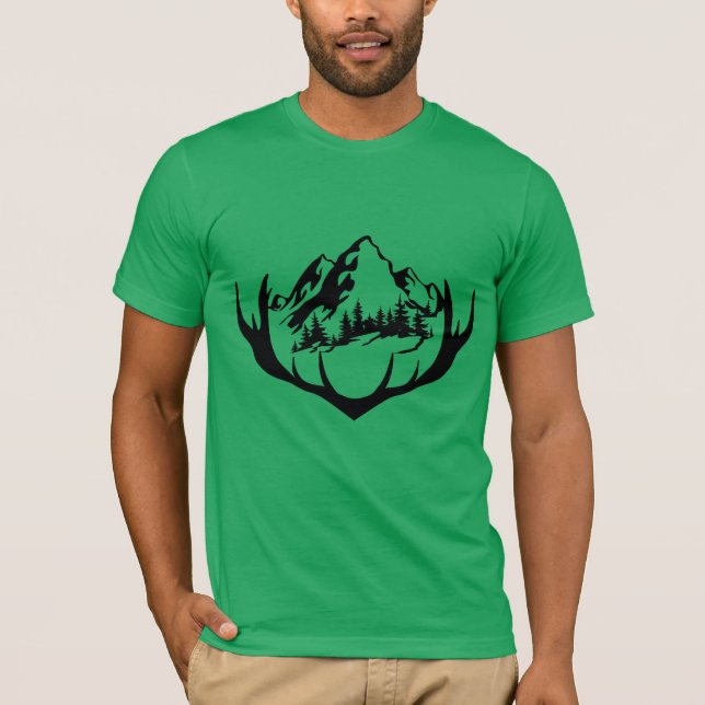 Nature-Inspired Mountain and Forest Antler Design T-Shirt (Front)