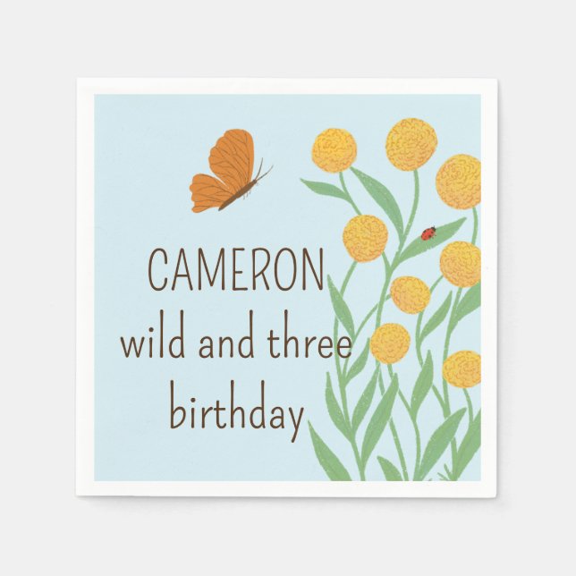 Nature Inspired Wild and Three Kid Birthday Napkins (Front)