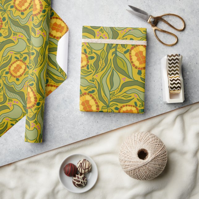 Nature Inspired Yellow Pattern Turtles and Leaves Wrapping Paper (Crafts)