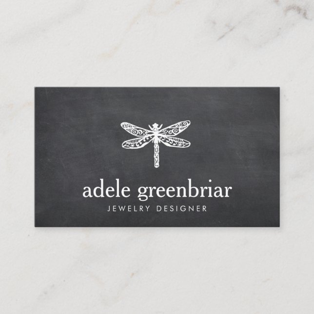 Nature Jewelry Designer Dragonfly Logo Chalkboard Business Card (Front)