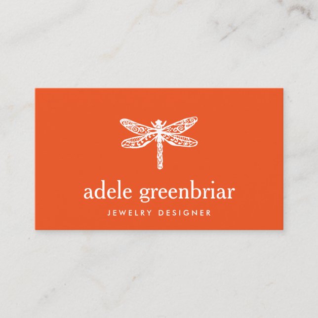 Nature Jewelry Designer Dragonfly Logo Orange Business Card (Front)