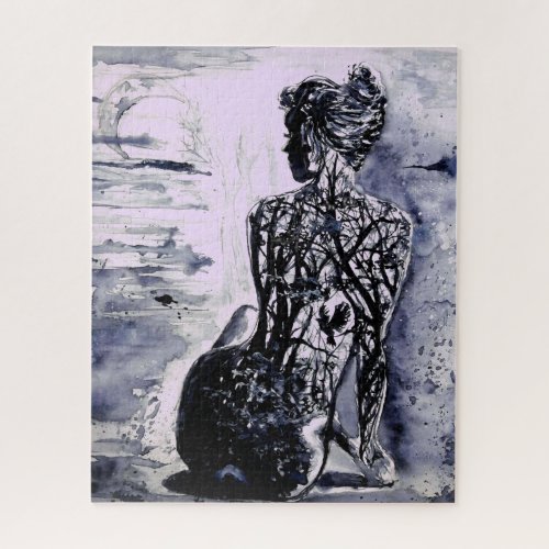 Nature Lady _ Black  White _ Watercolor Painting Jigsaw Puzzle