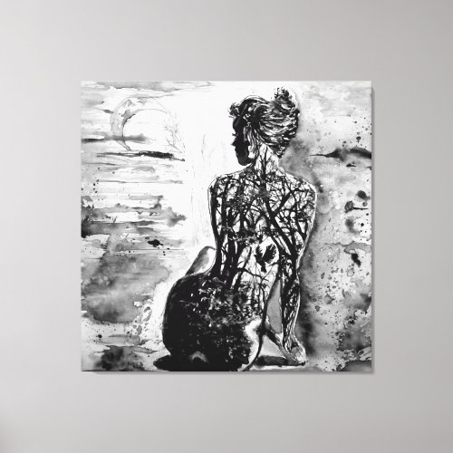 Nature Lady Canvas Print Black White Painting