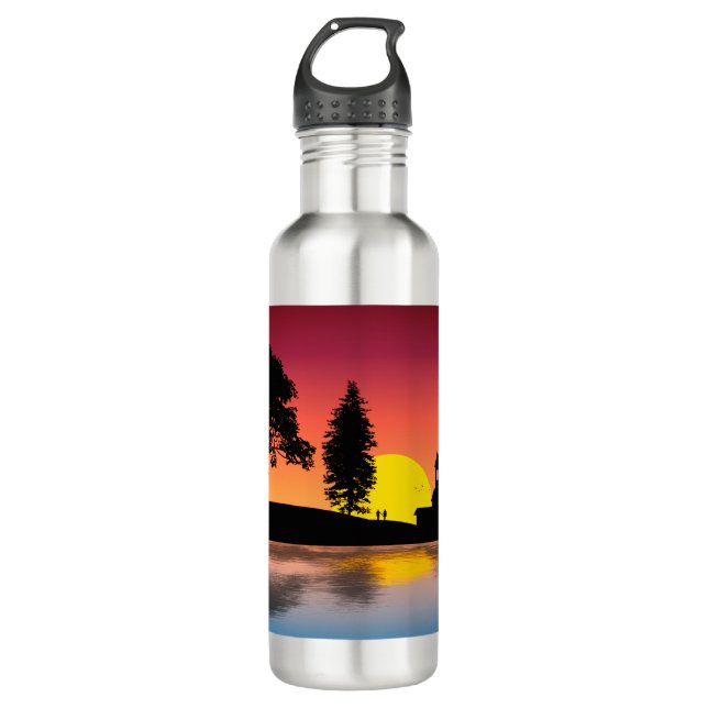 Nature Lake Trees Couple Silhouette Artwork Stainless Steel Water Bottle (Front)