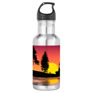Nature Lake Trees Couple Silhouette Artwork Stainless Steel Water Bottle