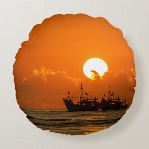 Nature Landscape Sunset with Boat-68465 Round Pillow