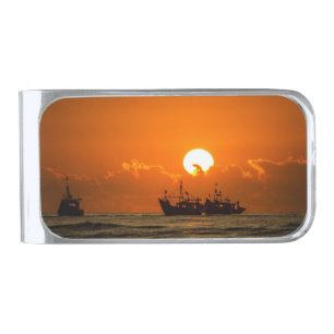 Nature Landscape Sunset with Boat-68465 Silver Finish Money Clip