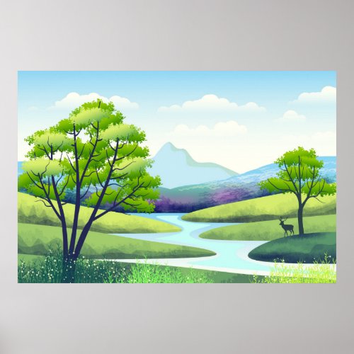 Nature Landscape with Lake and Deer Poster