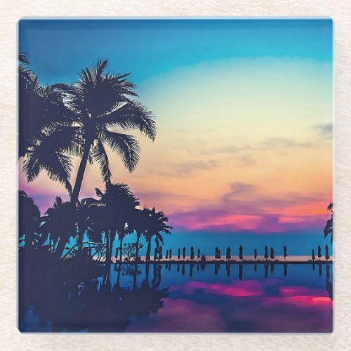 Nature Landscape with  Pool Palm Trees Glass Coaster