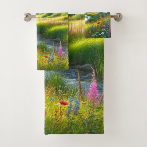 Nature Landscape with Wildflowers Green  Bath Towel Set